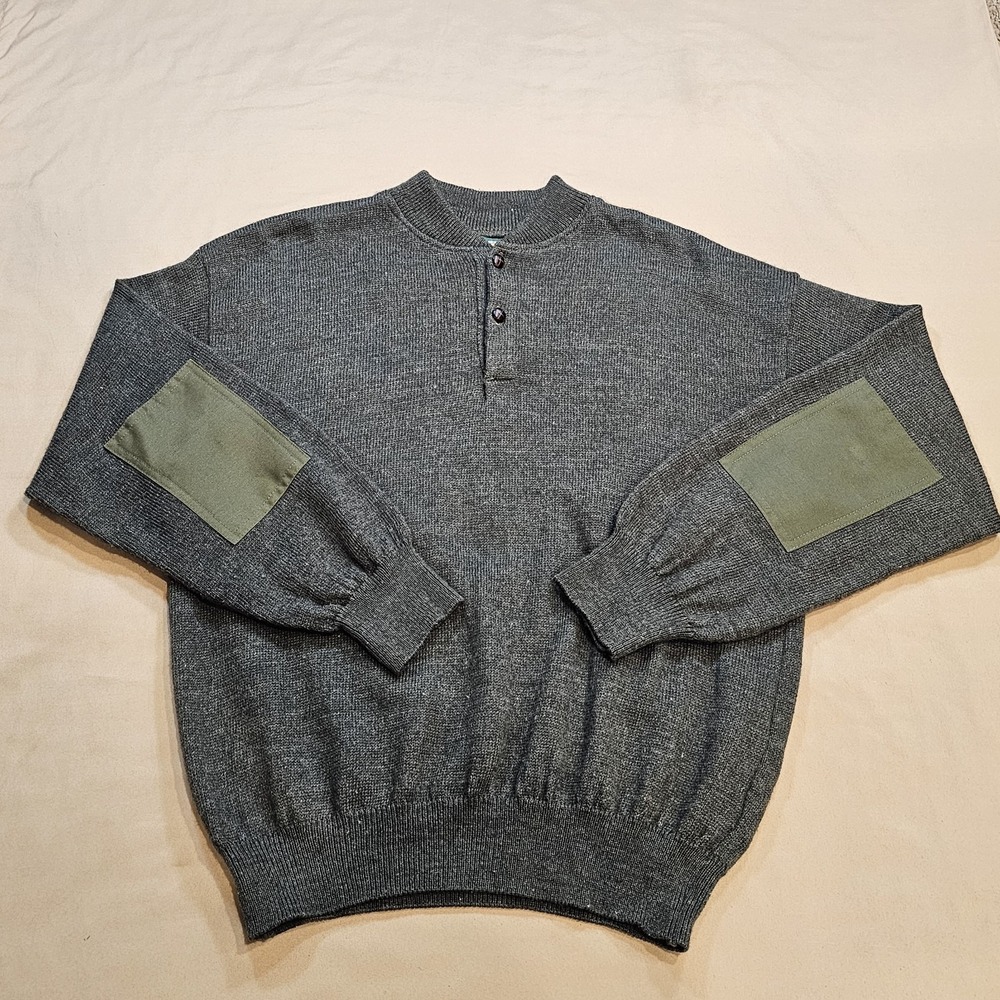 Vintage Cabelas Wool Blnd Sweater Mens L Henley Elbow Patch USA Made 90s Outdoor